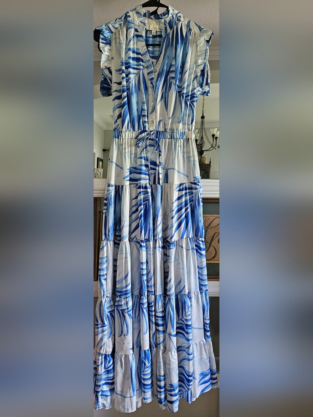 Pinch Blue White Palm Print Tiered Maxi Dress Small Tropical Resort